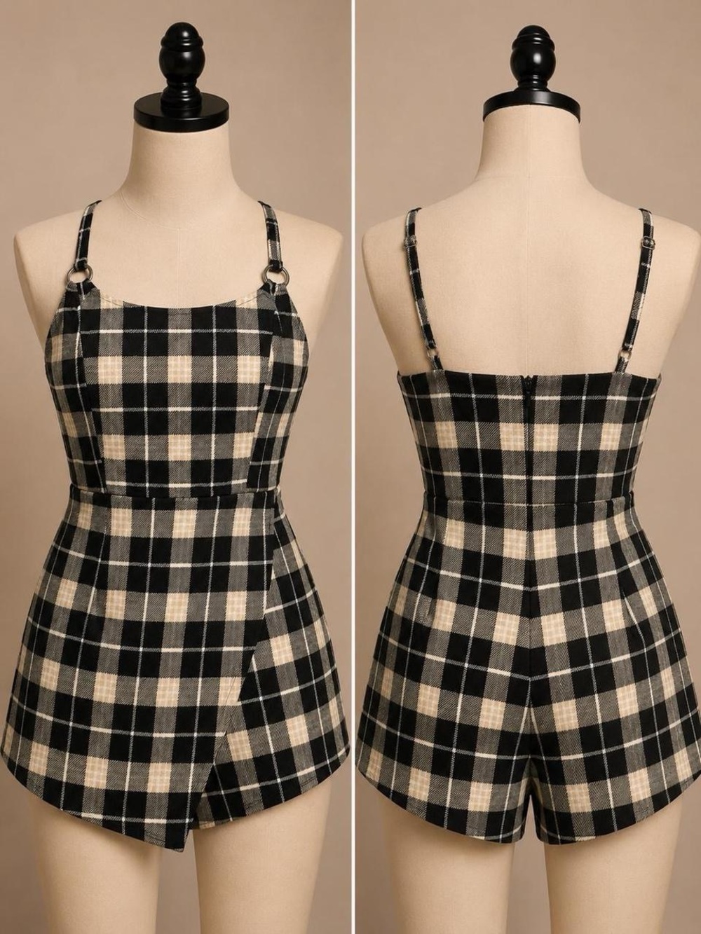 No Boundaries Black & Cream Plaid Romper